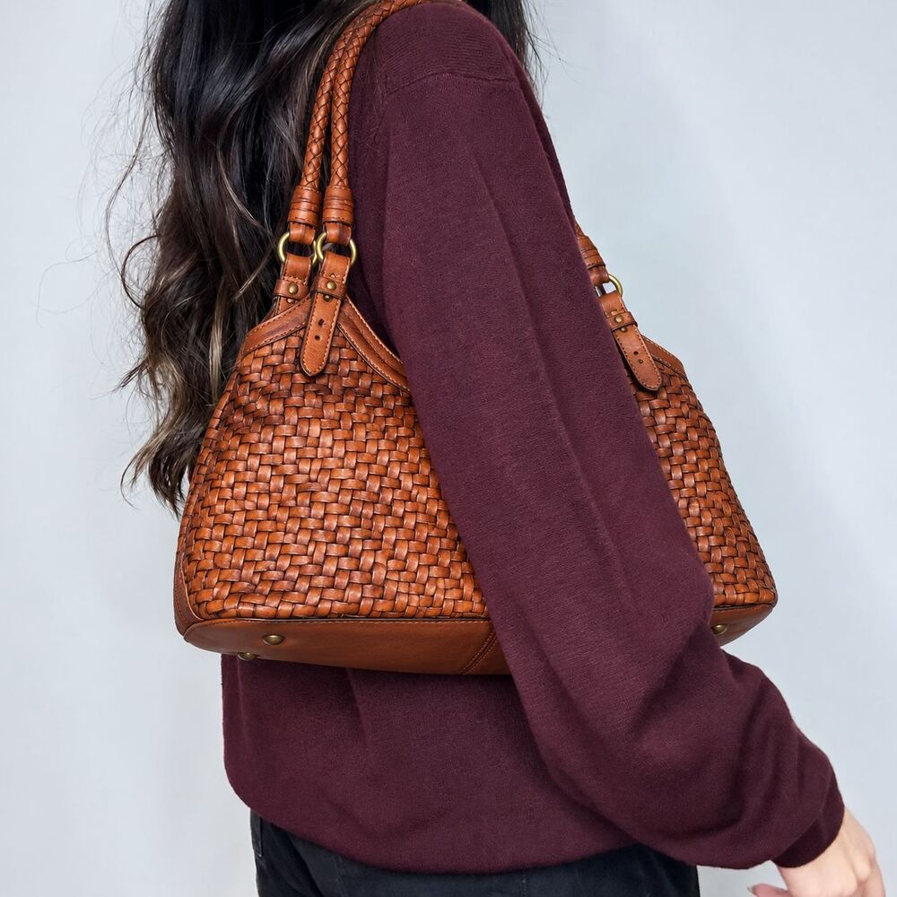 Cole Haan Woven Weave Cognac Leather Dome Satchel Braided Handle Bag Hobo Purse